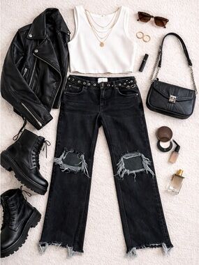 We The Free Black Distressed Straight Leg Jeans